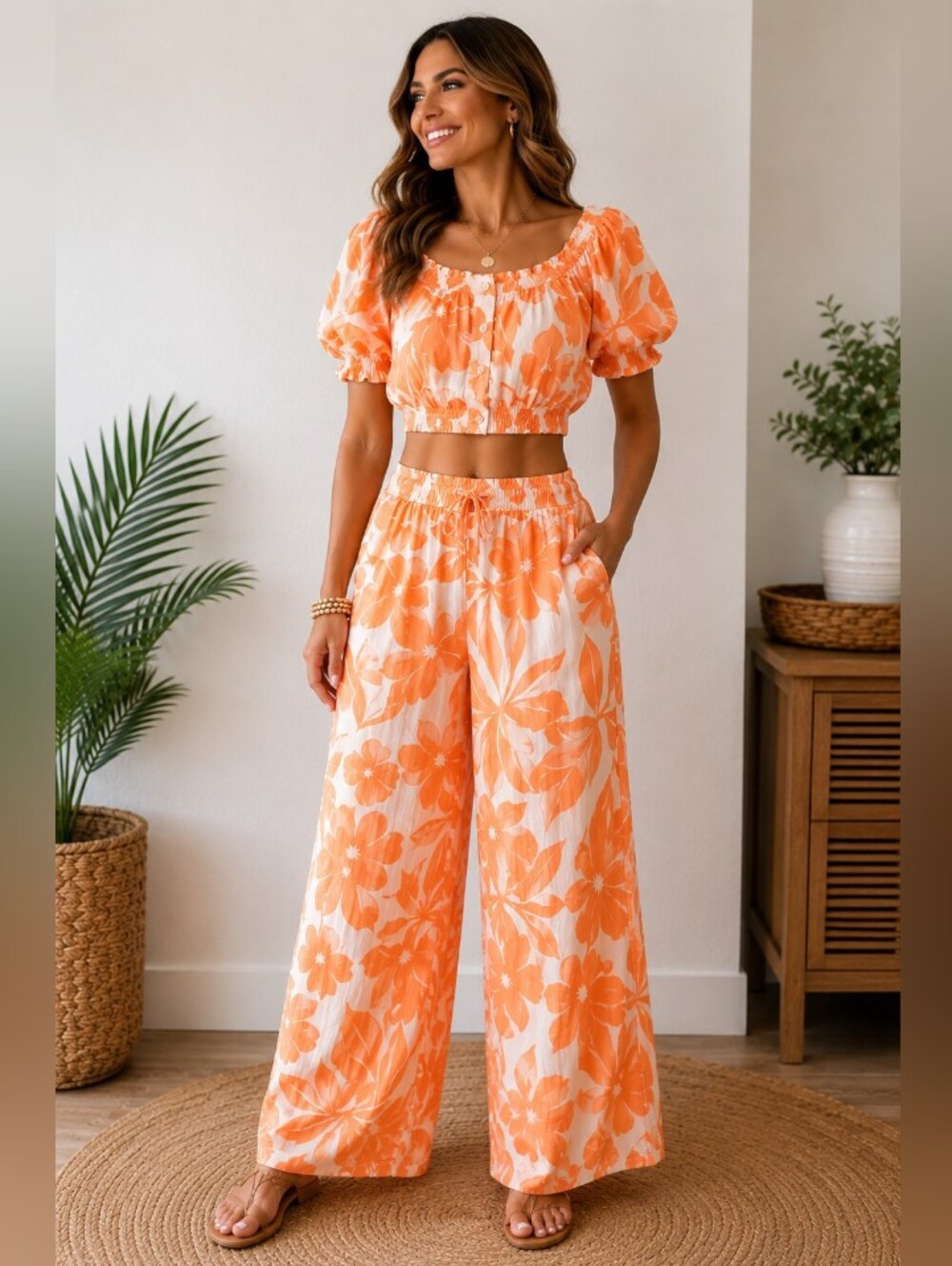 Turks & Caicos Women’s M Peach Floral 2 Piece Crop Top Wide Leg Pants Set NWT
